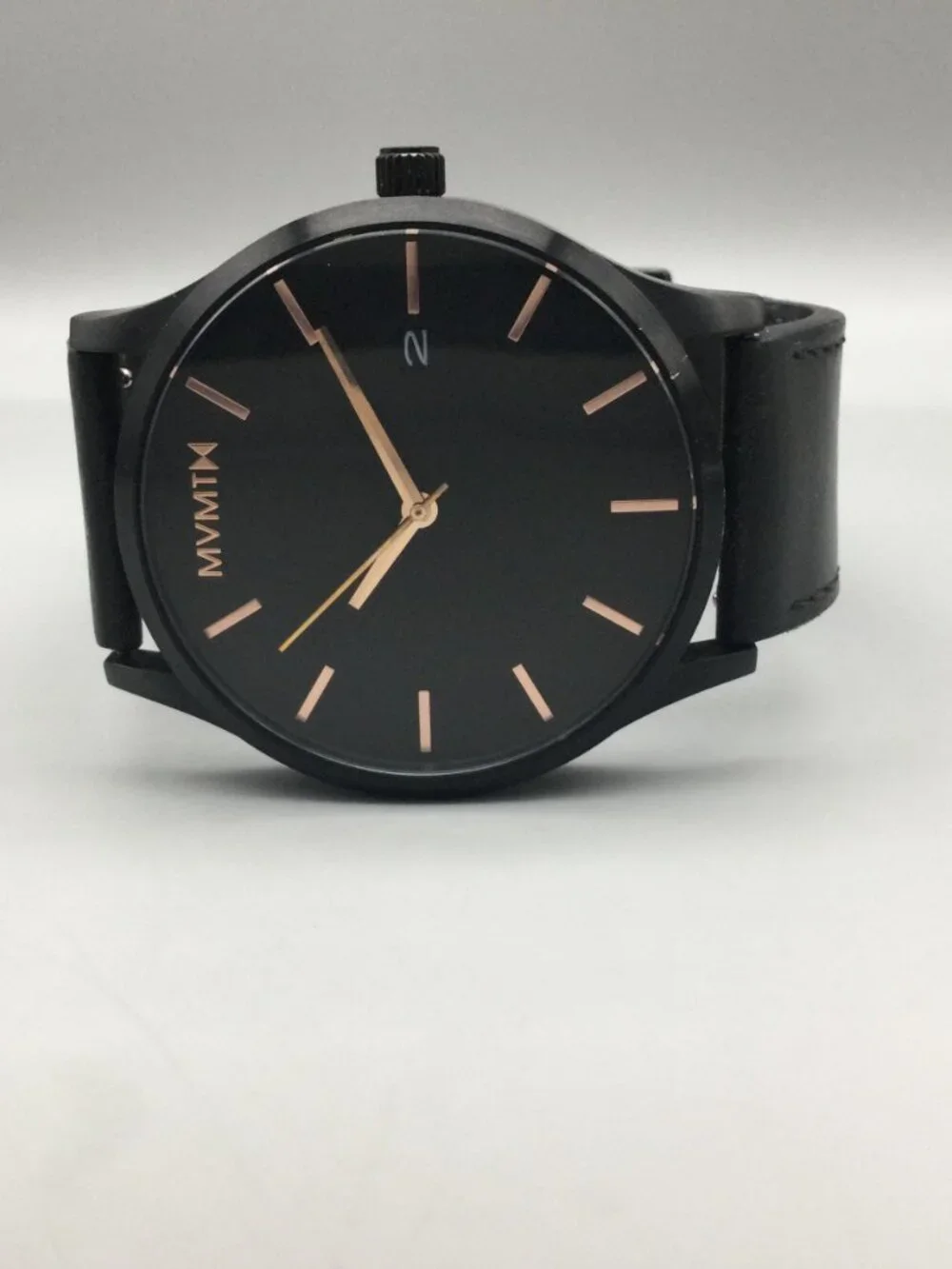 MVMT Black Rose Mens Watch 45mm Black Rose Gold Leather Band New Battery